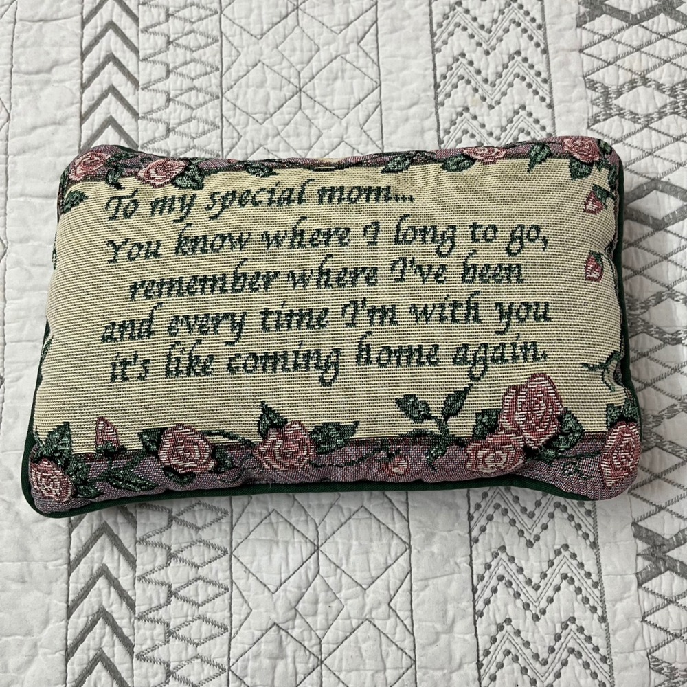 VTG To My Special Mom Tapestry Accent Pillow Pink Roses Green Floral Grannycore